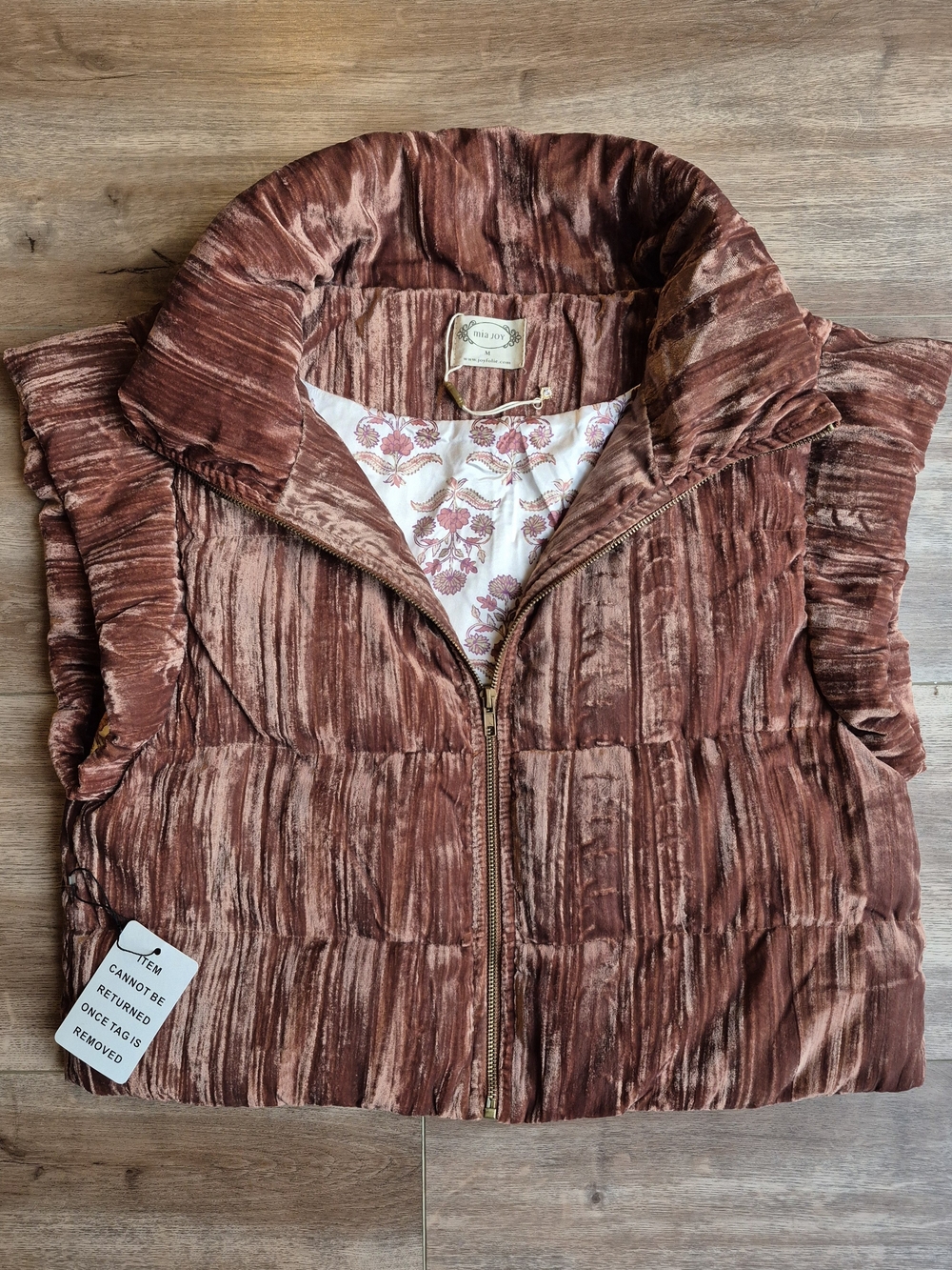 Joy Folie Mia Joy Crushed Velvet Rust Brown Puffer Vest Satin Lining